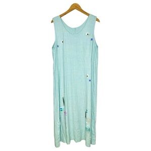 Alegre 100% Linen Dress Size Large Hand Painted Floral Midi Mint Pistachio Teal